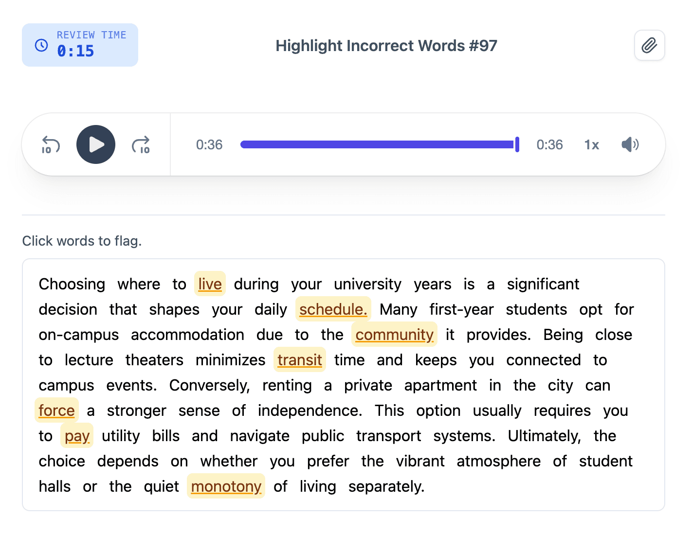 PTE Listening: Highlight Incorrect Words practice question on Arno