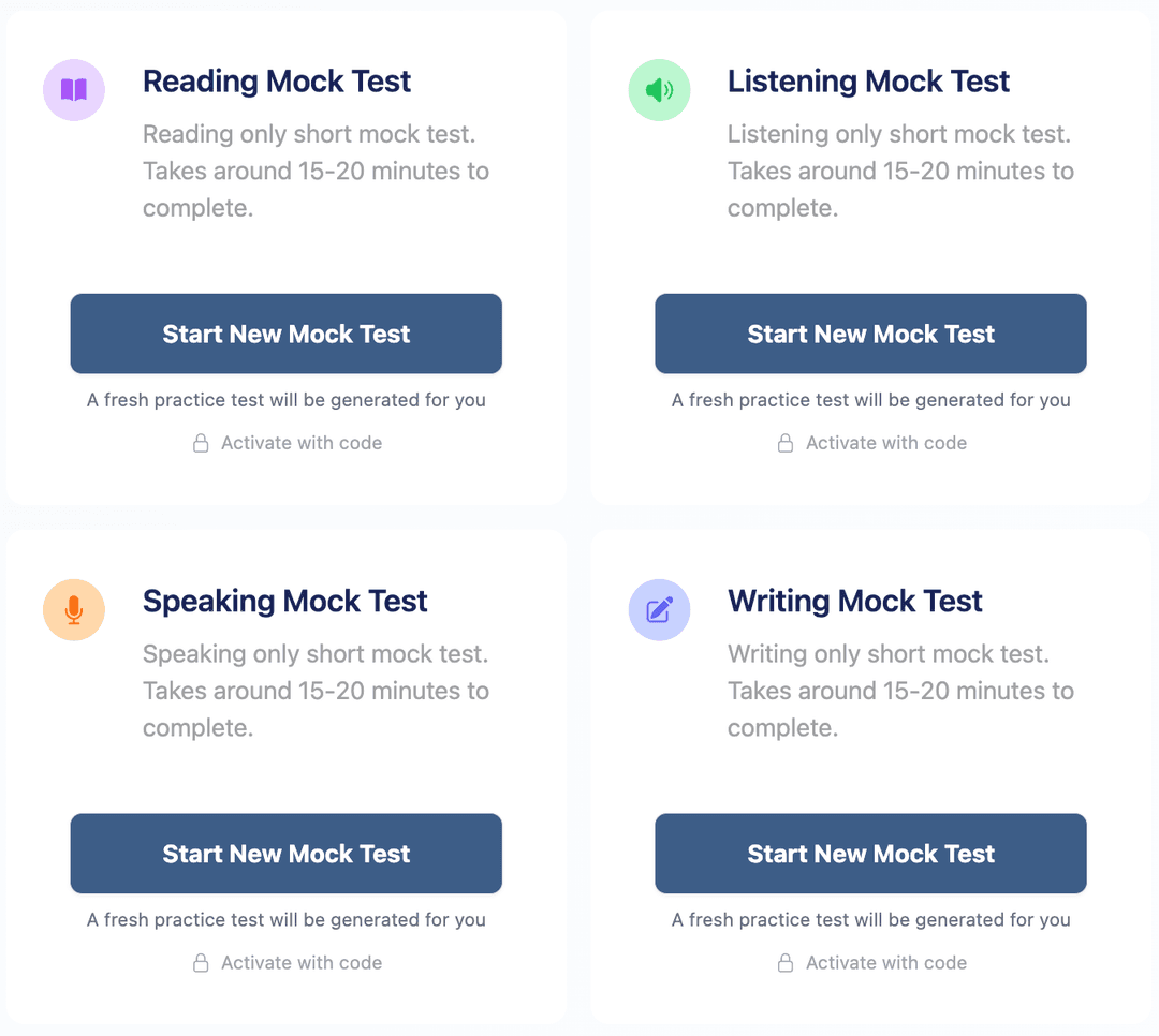 Full-Length and Mini Mock Tests Interface