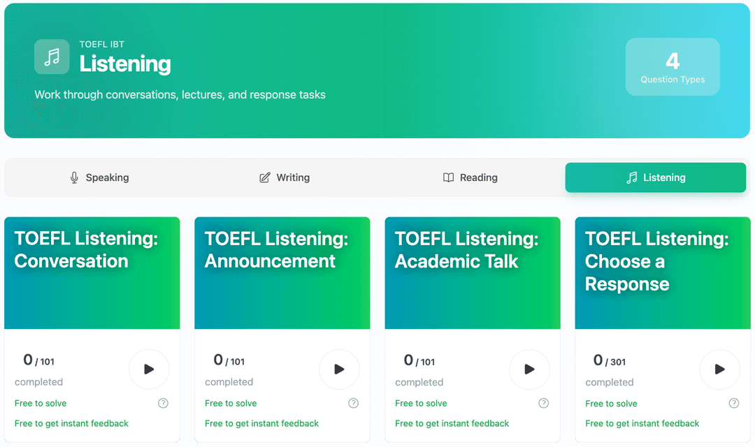 Procvičujte všechny typy otázek TOEFL iBT