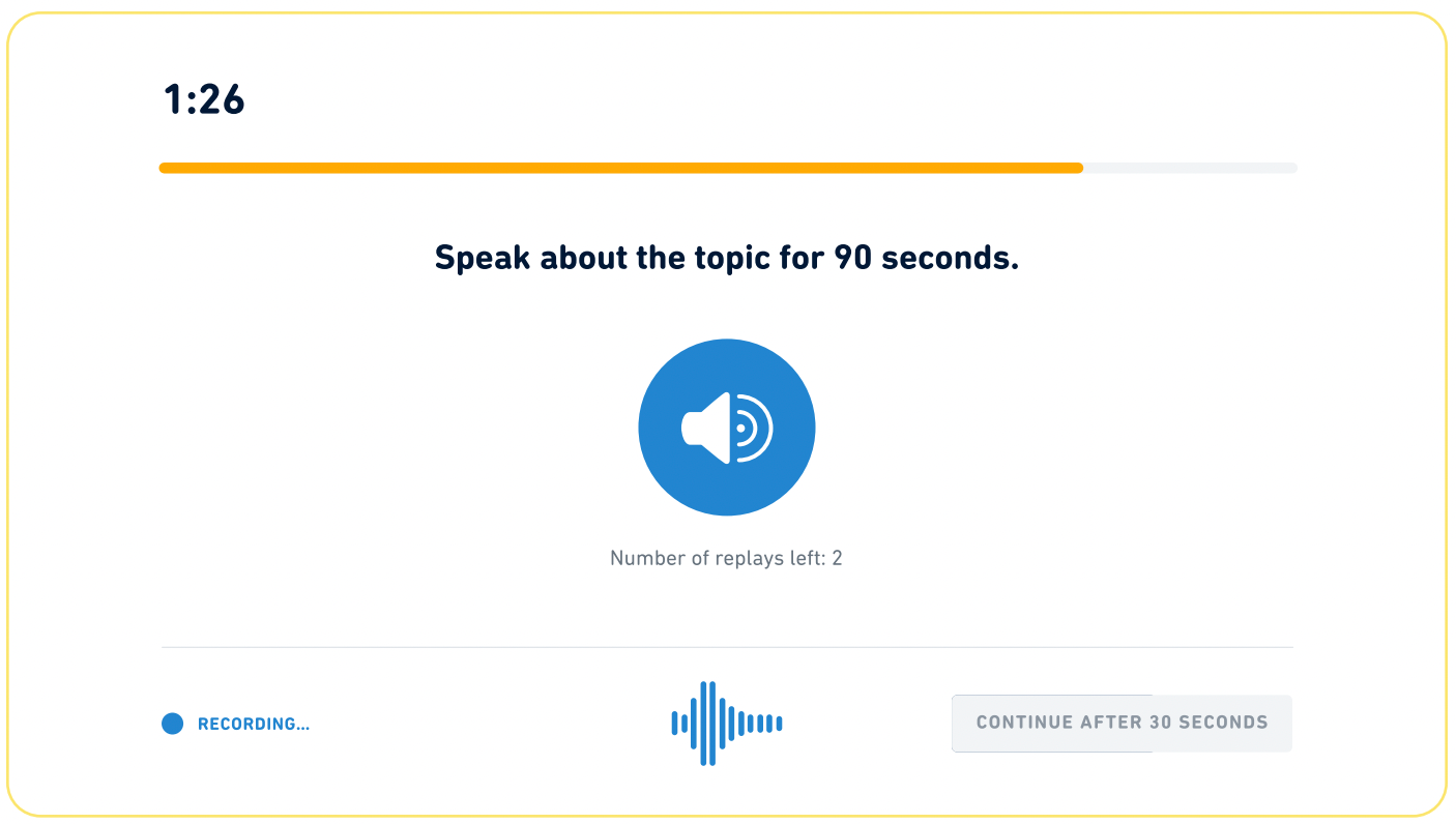 Exemple d'énoncé pour l'épreuve Listen, Then Speak (Ecouter, et Parler Ensuite) au Duolingo English Test.