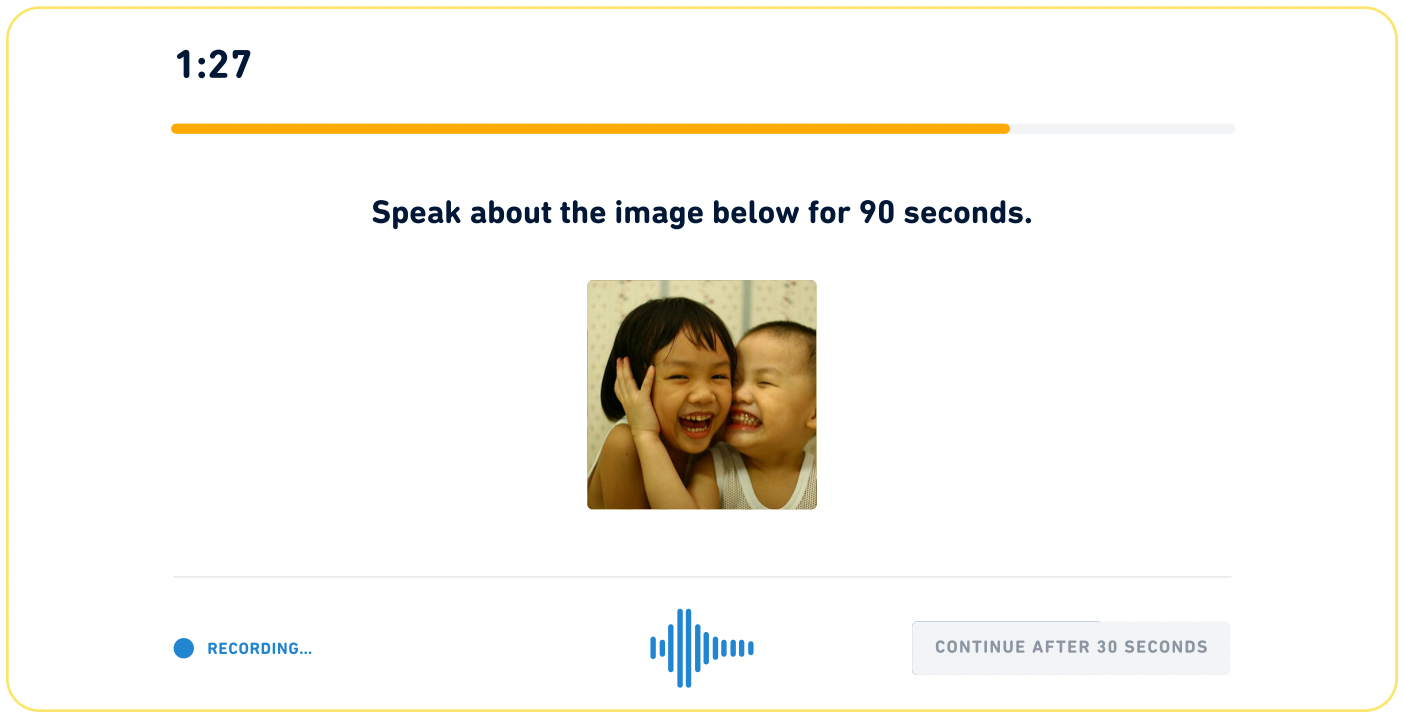 Exemple d'énoncé pour la question Speak About the Photo (Parler à Voix Haute de la Description de l'Image) au Duolingo English Test.