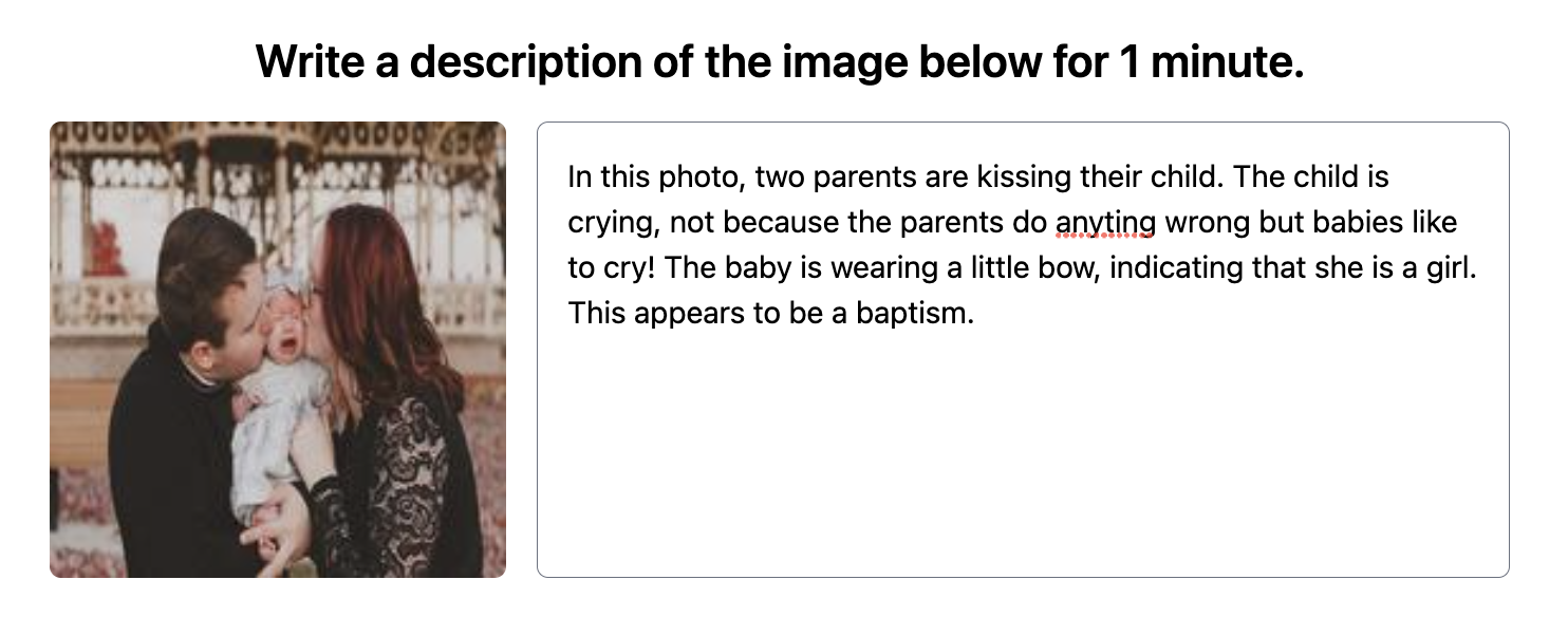 Example of a response to a practice "Write About the Photo" question type in Arno