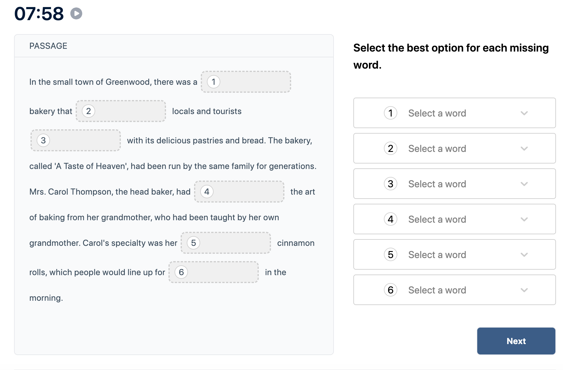 Prueba del Duolingo English Test "Lectura interactiva" Pregunta de práctica 6. La imagen dice: Seleccione la mejor opción para cada palabra que falte