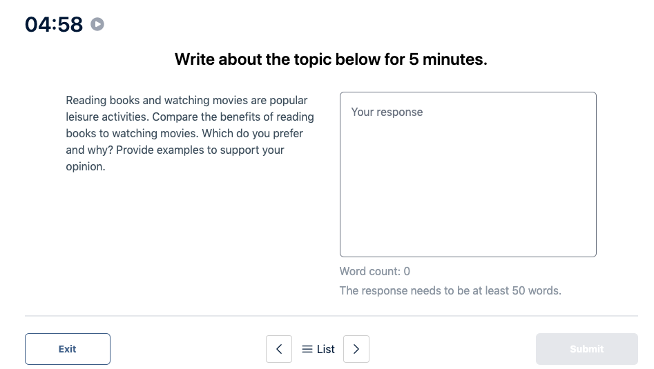 Prueba del Duolingo English Test "Muestra de escritura" Pregunta de práctica 17. La imagen dice: Escribe sobre el tema a continuación durante 5 minutos