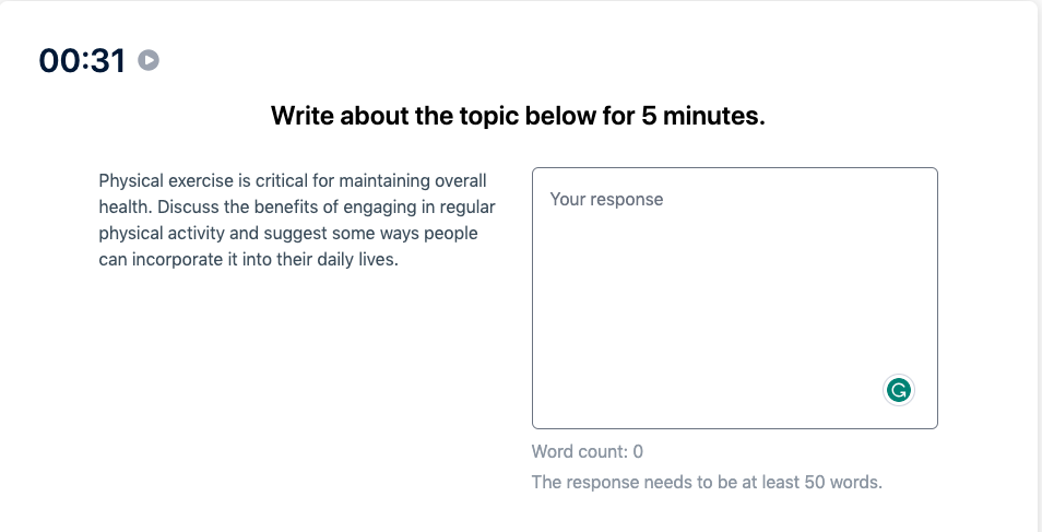 Prueba del Duolingo English Test "Muestra de escritura" Pregunta de práctica 27. La imagen dice: Escribe sobre el tema a continuación durante 5 minutos