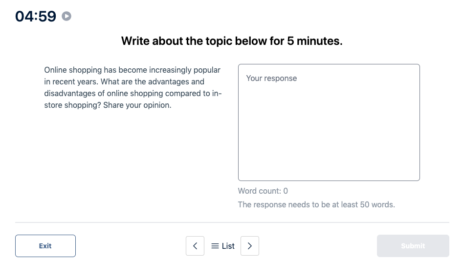 Prueba del Duolingo English Test "Muestra de escritura" Pregunta de práctica 19. La imagen dice: Escribe sobre el tema a continuación durante 5 minutos