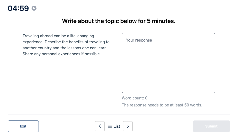 Prueba del Duolingo English Test "Muestra de escritura" Pregunta de práctica 20. La imagen dice: Escribe sobre el tema a continuación durante 5 minutos