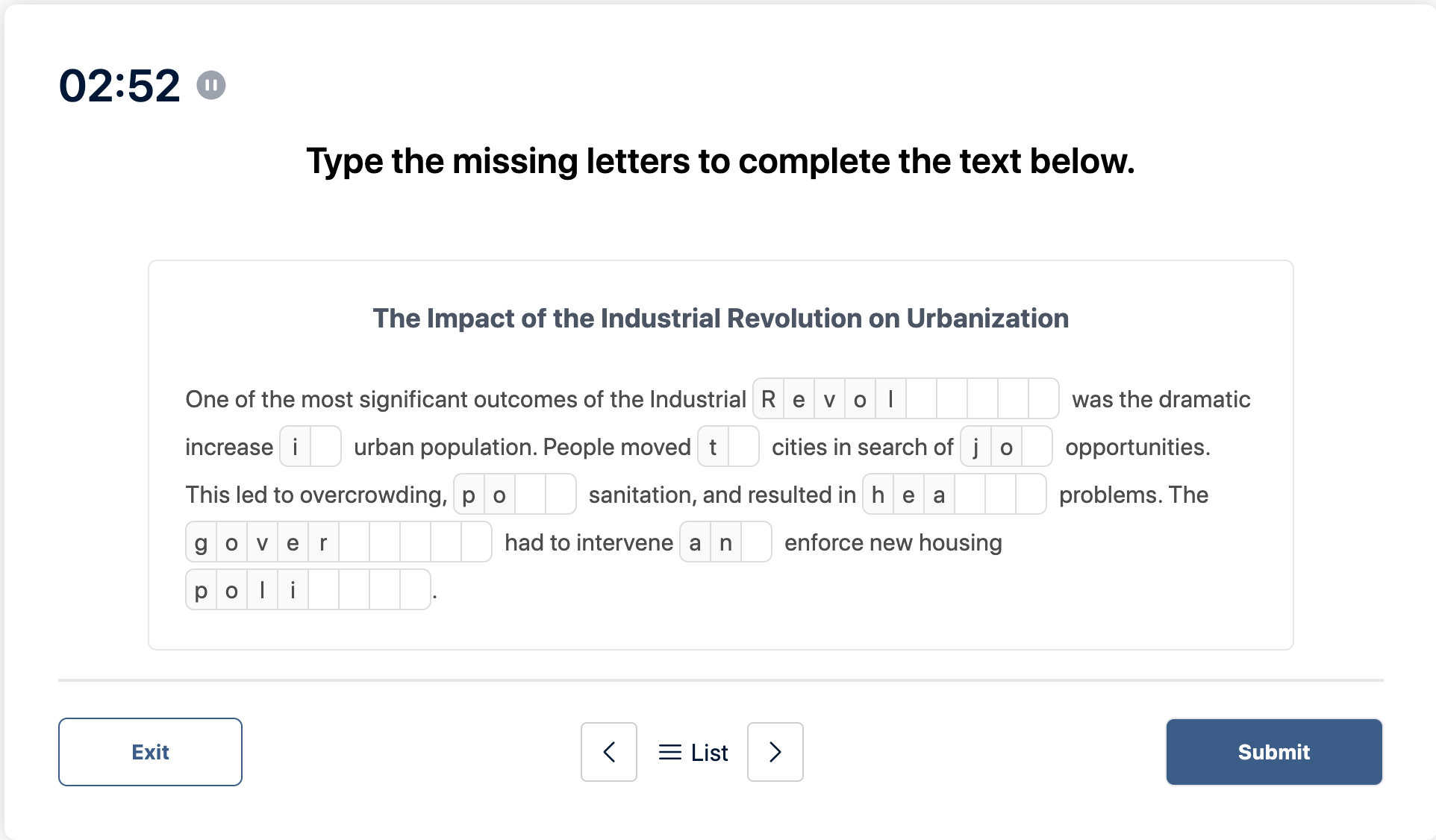 Prueba del Duolingo English Test "Muestra de conversación" Pregunta de práctica 10. La imagen dice:Escriba las letras que faltan para completar el texto a continuación