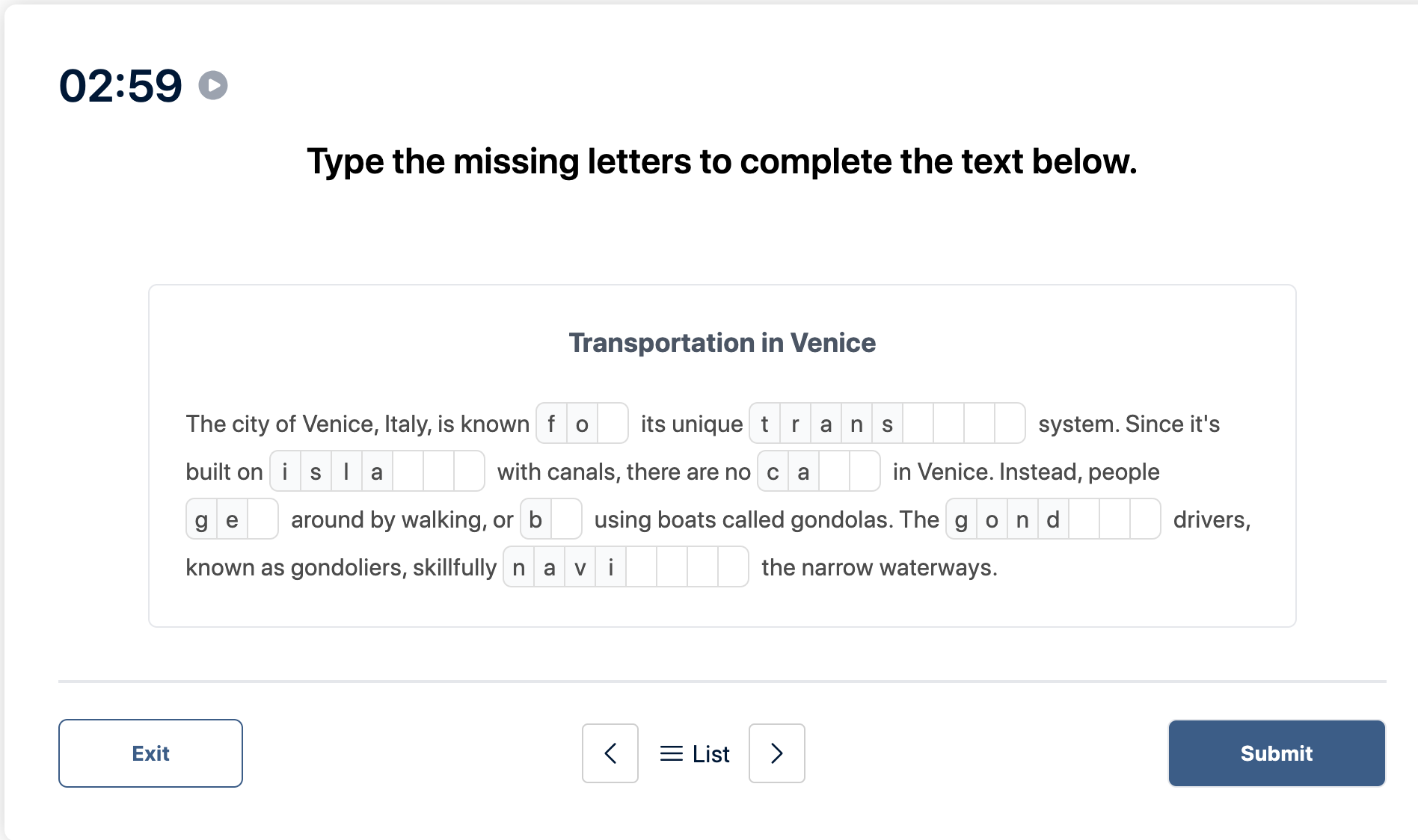 Prueba del Duolingo English Test "Muestra de conversación" Pregunta de práctica 4. La imagen dice:Escriba las letras que faltan para completar el texto a continuación