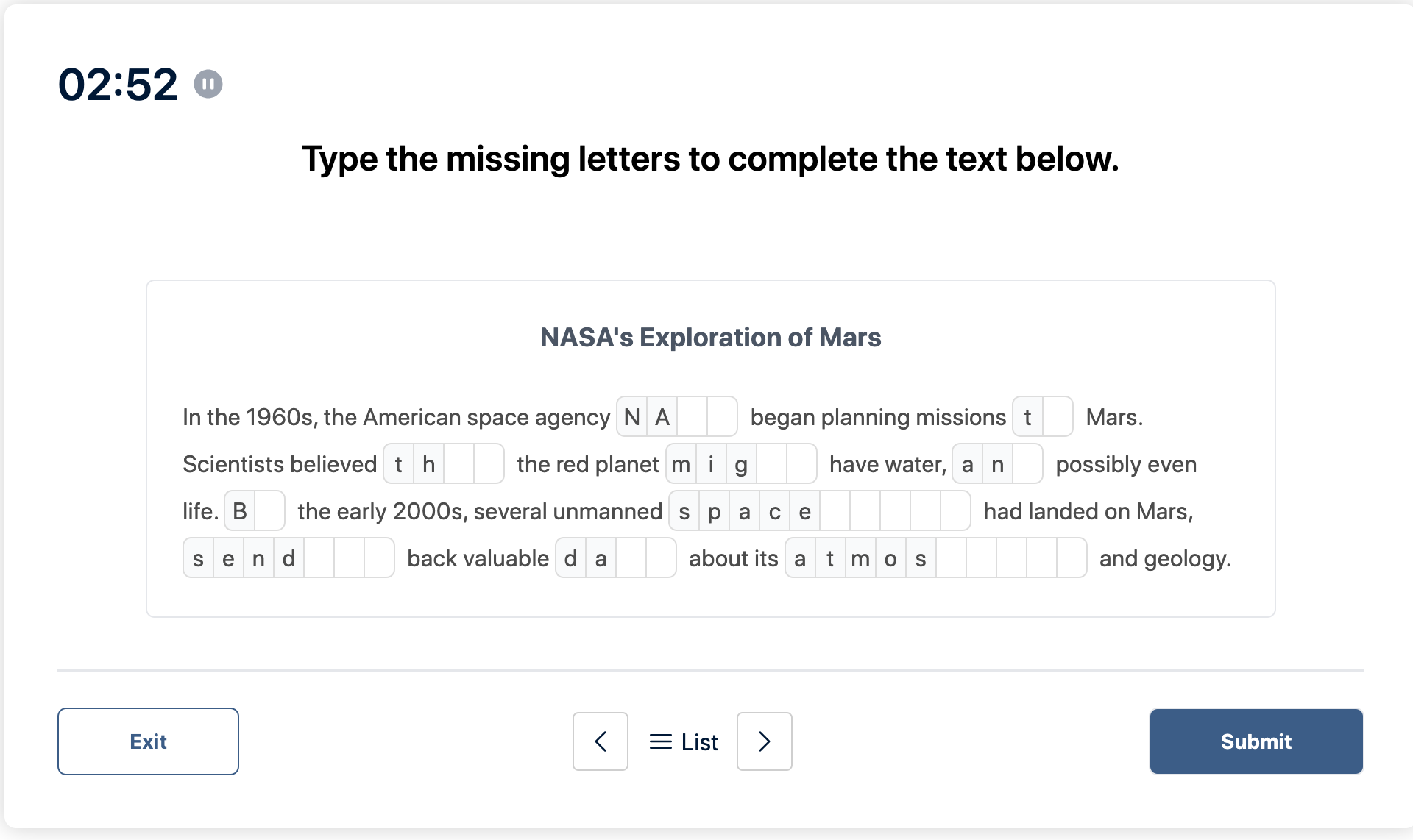 Prueba del Duolingo English Test "Muestra de conversación" Pregunta de práctica 9. La imagen dice:Escriba las letras que faltan para completar el texto a continuación