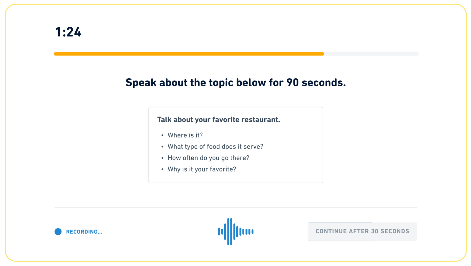 Screenshot of the "Read, Then Speak" question type on the Duolingo English Test