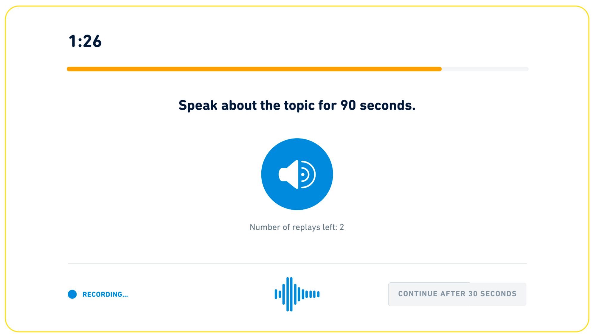 Tipo de pergunta "Listen, Then Speak" no teste de inglês do Duolingo