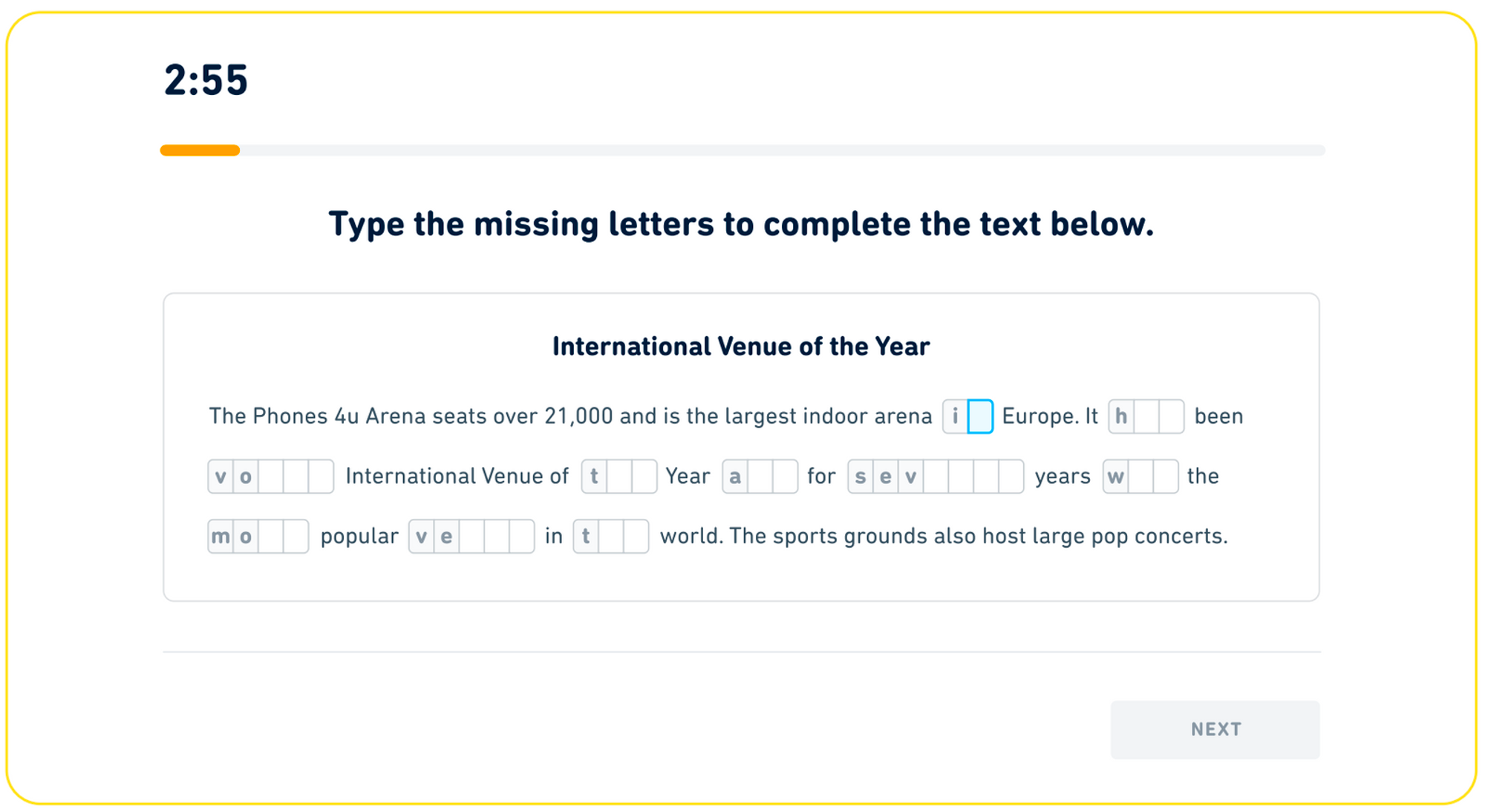 Tipo de pergunta "Read and Complete" no teste de inglês do Duolingo