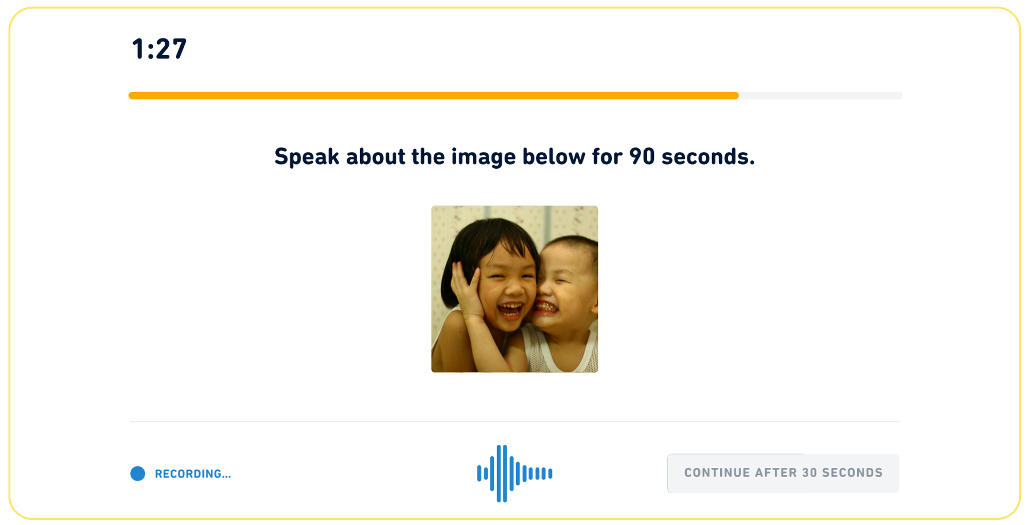 Tipo de pergunta "Speak About the Photo" no teste de inglês do Duolingo