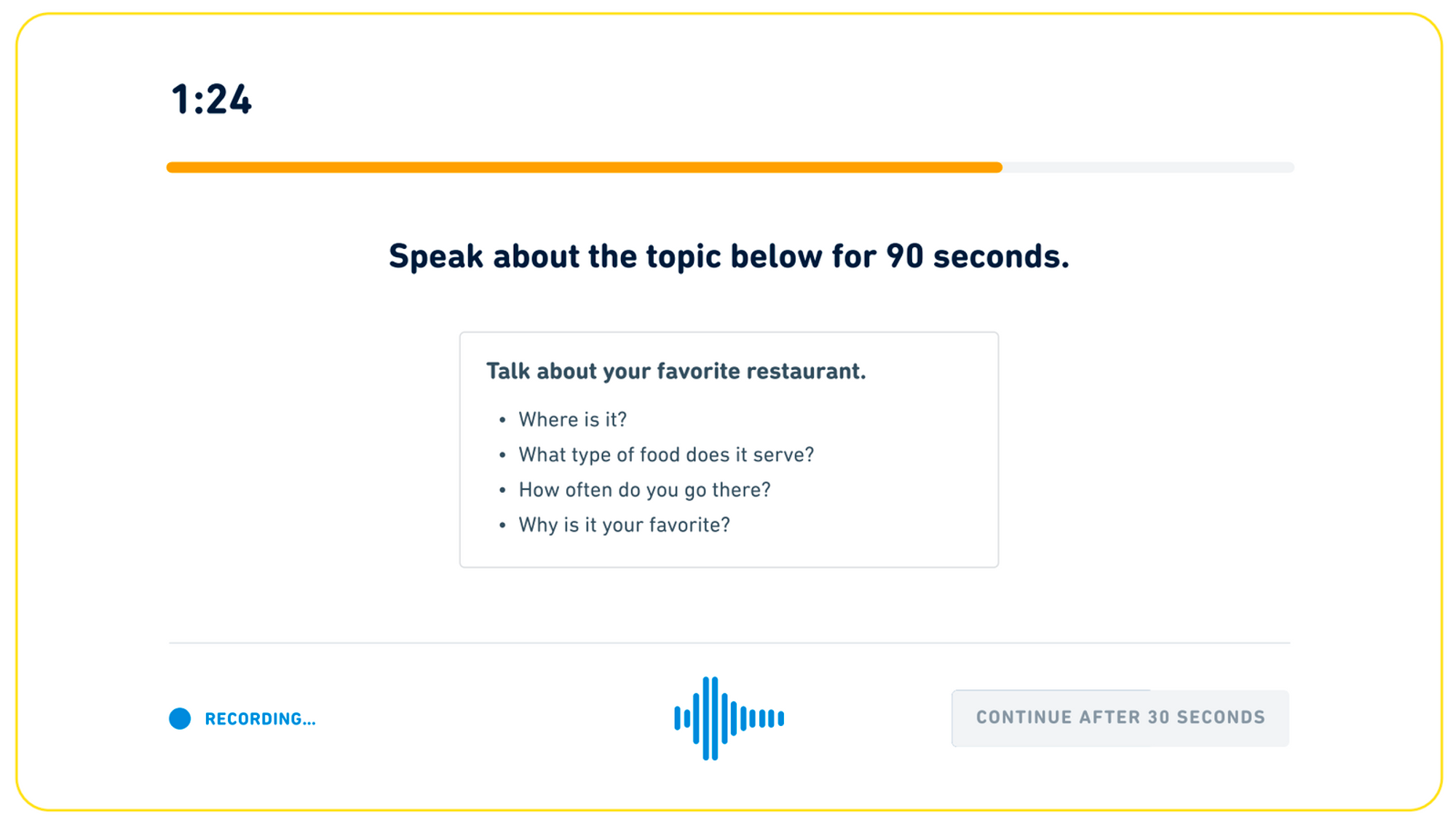 Tipo de pergunta "Read, Then Speak" no teste de inglês do Duolingo