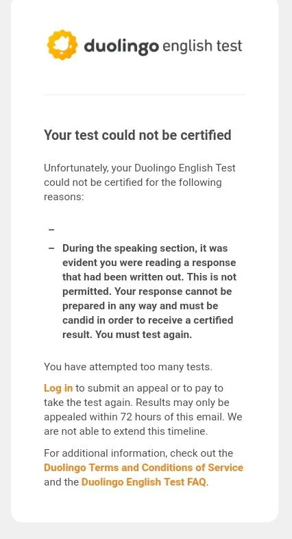 Your test could not be certified