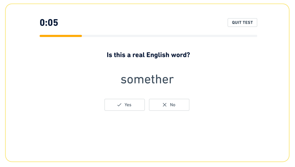 Tipo de pregunta "Leer y seleccionar" en el Duolingo English Test. El mensaje pregunta "¿es esta una palabra real en inglés?"  Se escribe S-o-m-e-t-h-e-r