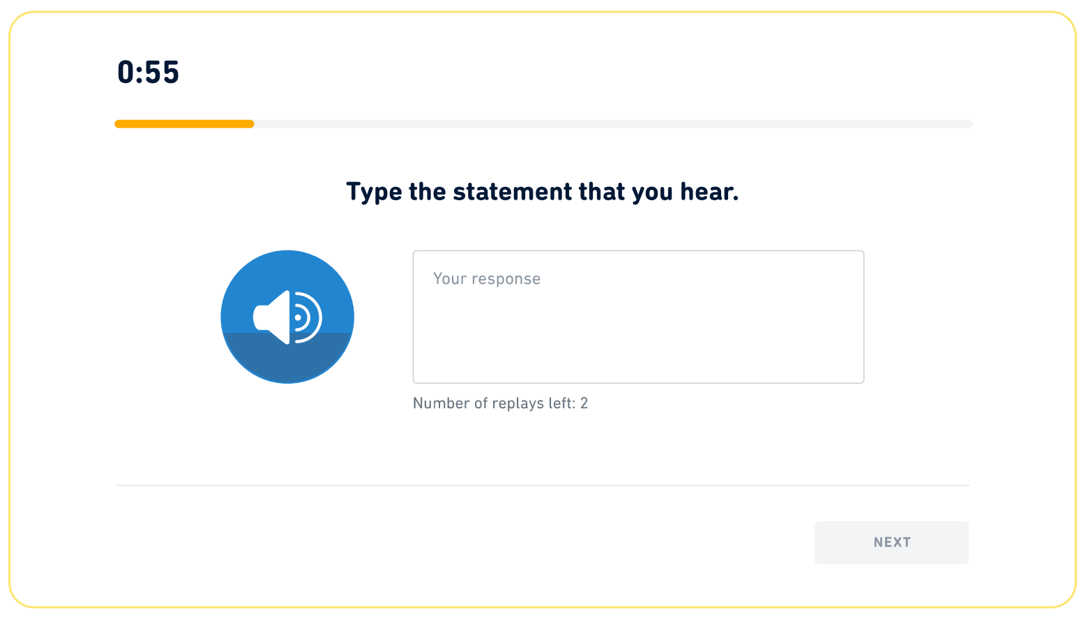 Tipo de pregunta "Escuchar y escribir" en el Duolingo English Test. El mensaje dice: escriba la declaración que escuche.