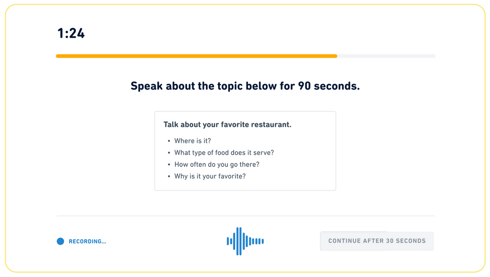 Tipo de pregunta "Lee, luego habla" en el Duolingo English Test. El mensaje dice: hable sobre el tema siguiente durante 90 segundos. Habla sobre tu restaurante favorito.