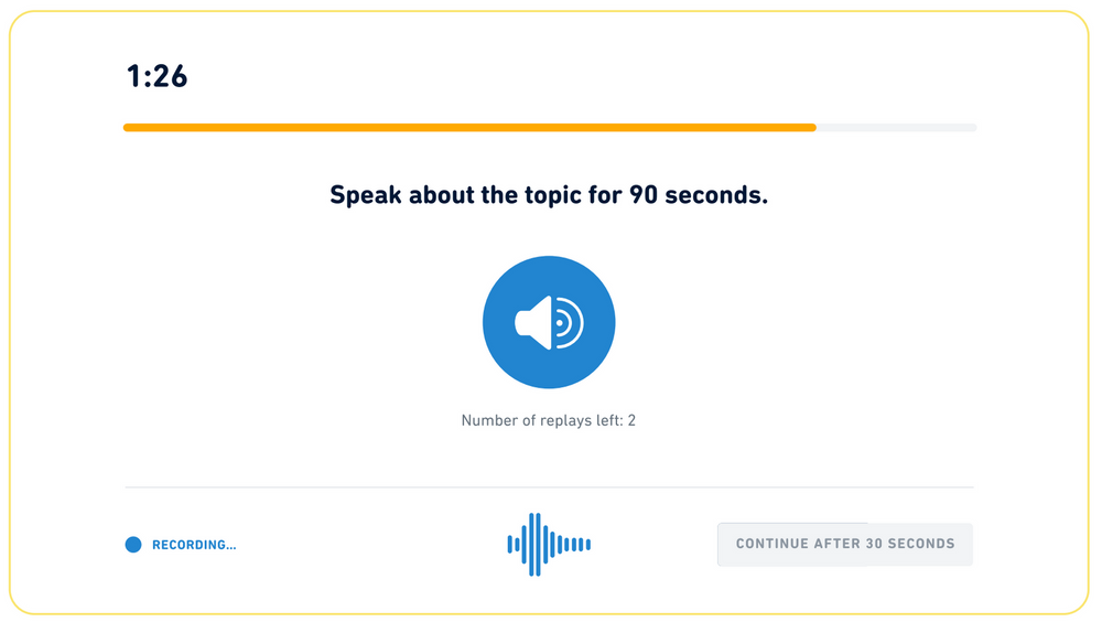 Tipo de pregunta "Escucha, luego habla" en el Duolingo English Test. El mensaje dice hablar sobre el tema durante 90 segundos.