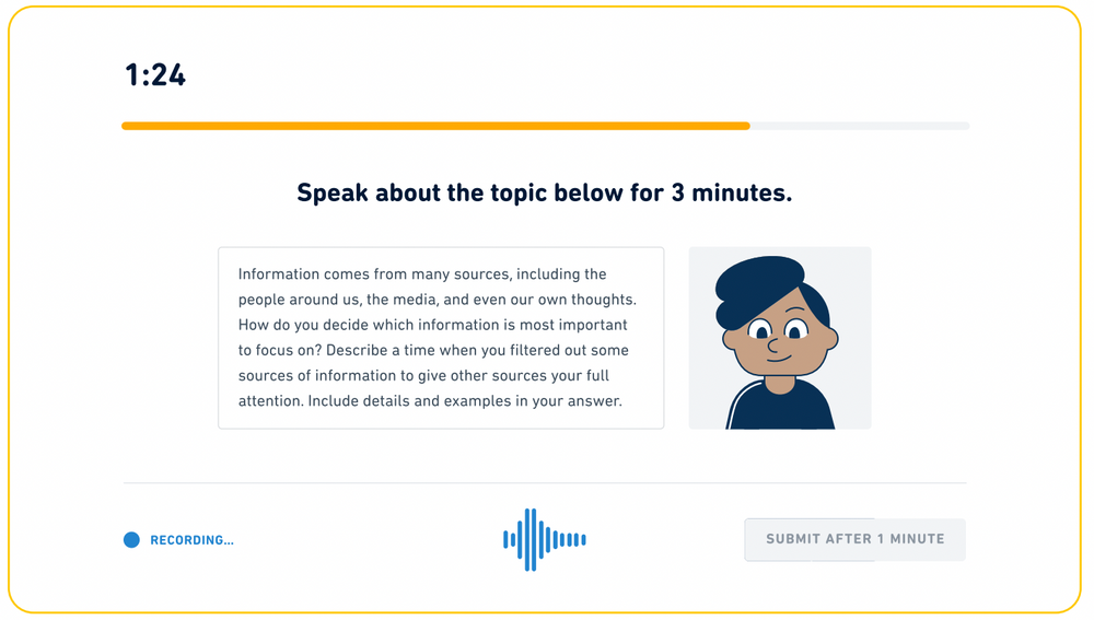 Tipo de pregunta "Muestra de conversación" en el Duolingo English Test. Se da un párrafo y el mensaje dice: hable sobre el tema durante 3 minutos.