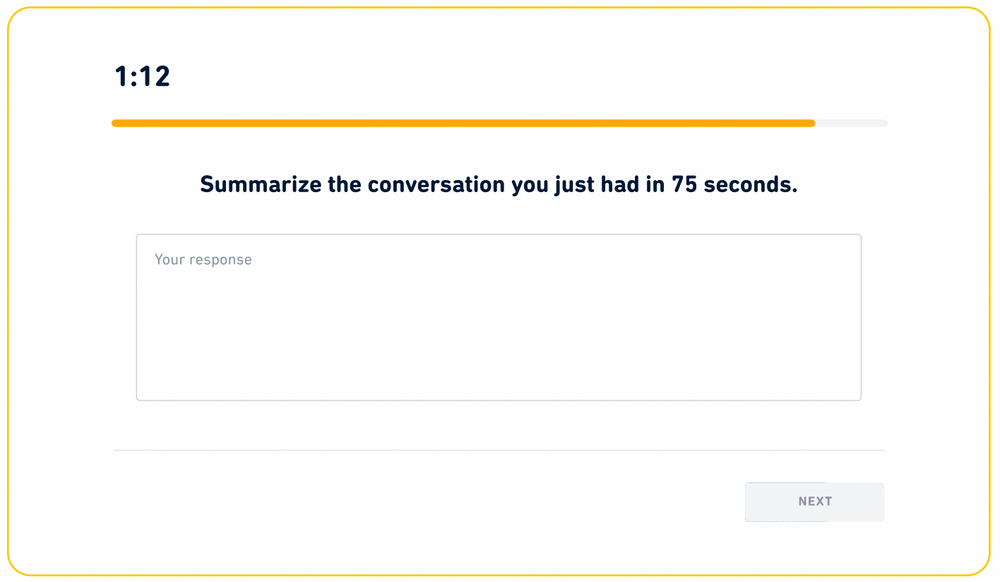 Tipo de pregunta "Resumir la conversación" en el Duolingo English Test. El mensaje dice: resume la conversación que acabas de tener en 75 segundos.