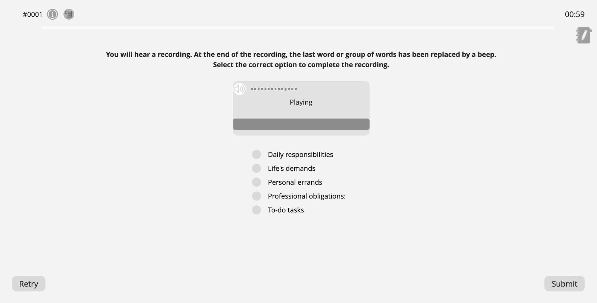 Example of the Select Missing Word question type on the Pearson Test of English Academic