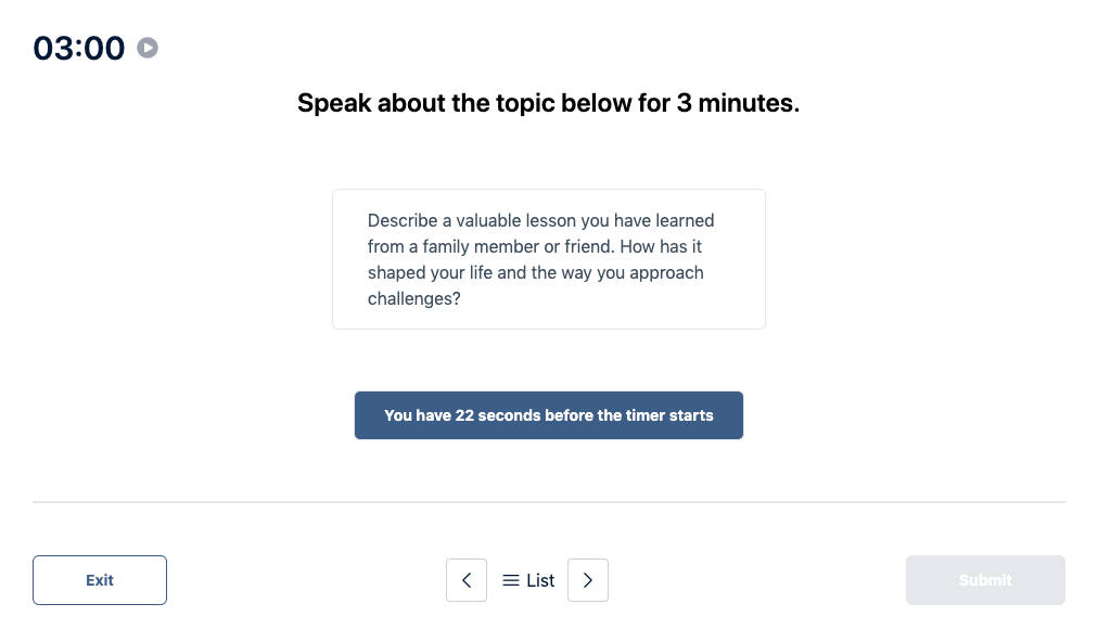 Prueba del Duolingo English Test "Muestra de conversación" Pregunta de práctica 15. El mensaje dice: hable sobre el tema siguiente durante 3 minutos.
