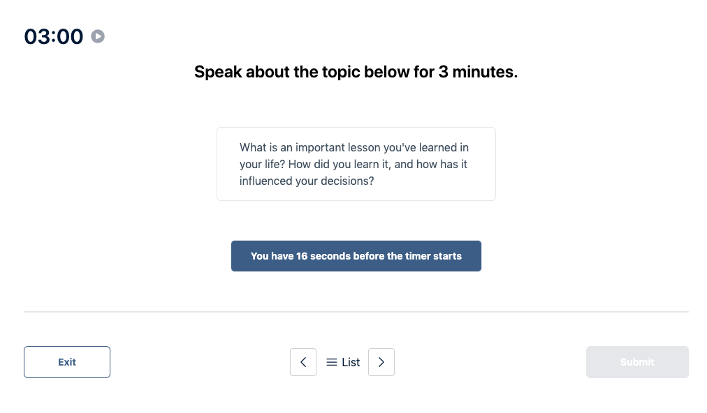 Prueba del Duolingo English Test "Muestra de conversación" Pregunta de práctica 17. El mensaje dice: hable sobre el tema siguiente durante 3 minutos.