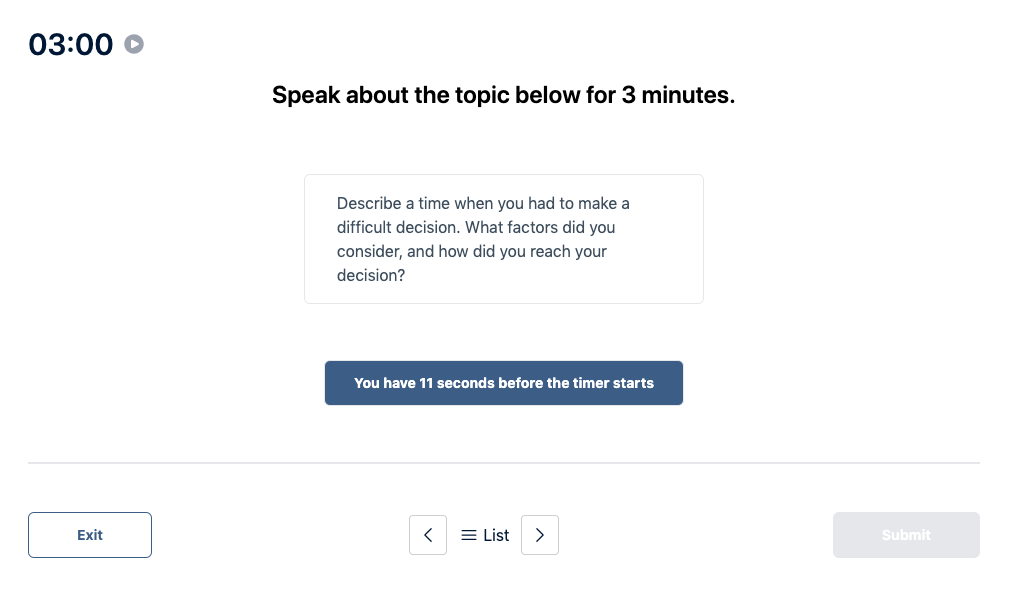 Prueba del Duolingo English Test "Muestra de conversación" Pregunta de práctica 20. El mensaje dice: hable sobre el tema siguiente durante 3 minutos.