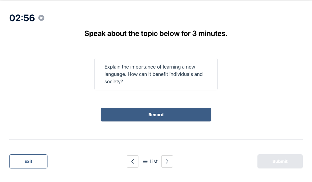 Prueba del Duolingo English Test "Muestra de conversación" Pregunta de práctica 21. El mensaje dice: hable sobre el tema siguiente durante 3 minutos.