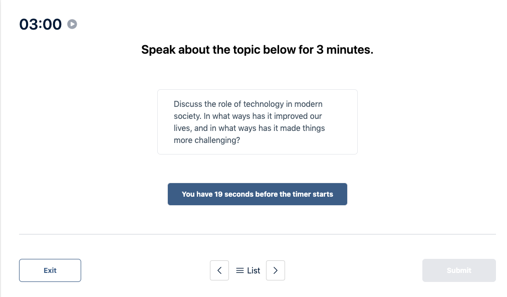 Prueba de inglés de Duolingo "Muestra de conversación" Pregunta de práctica 24. El mensaje dice: hable sobre el tema siguiente durante 3 minutos.