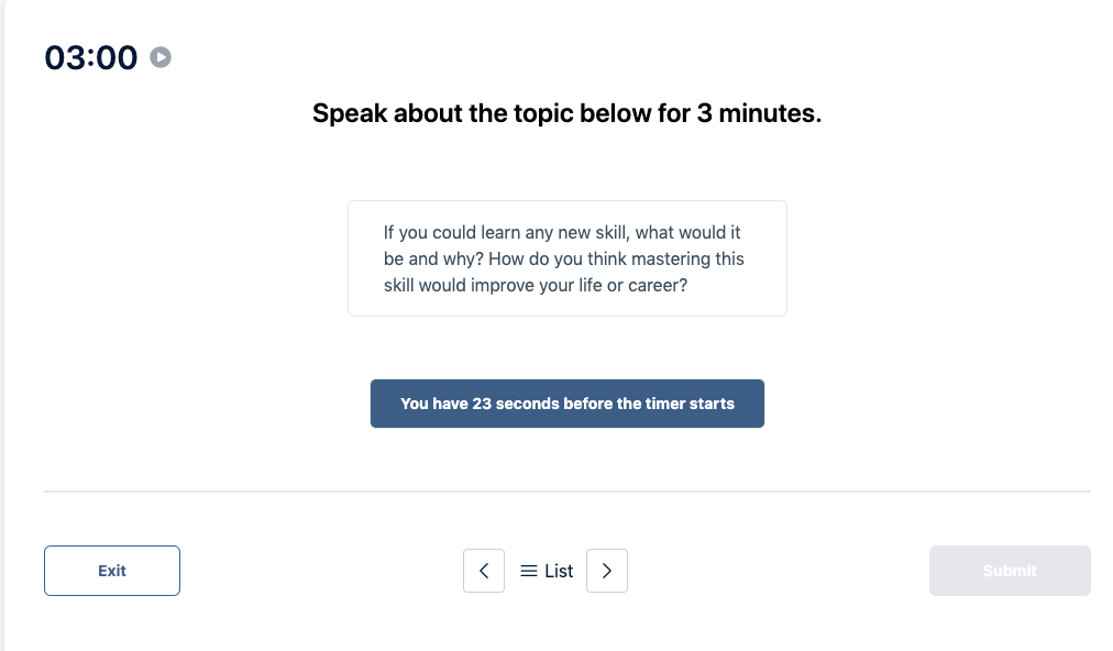 Prueba del Duolingo English Test "Muestra de conversación" Pregunta de práctica 26. El mensaje dice: hable sobre el tema siguiente durante 3 minutos.