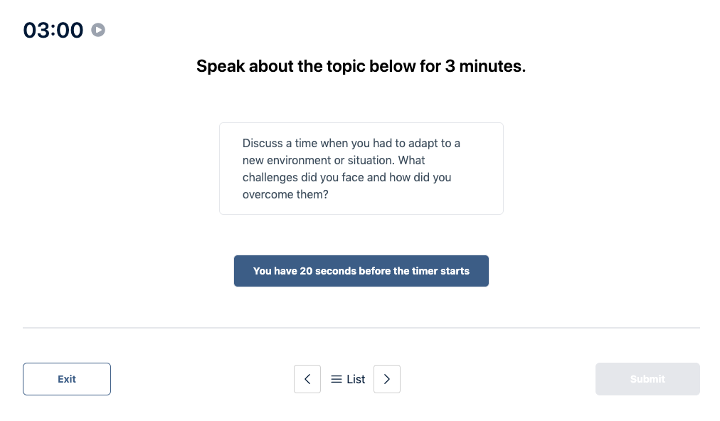 Prueba de inglés de Duolingo "Muestra de conversación" Pregunta de práctica 29. El mensaje dice: hable sobre el tema siguiente durante 3 minutos.