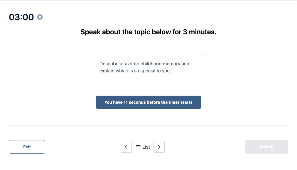 Prueba del Duolingo English Test "Muestra de conversación" Pregunta de práctica 30. El mensaje dice: hable sobre el tema siguiente durante 3 minutos.