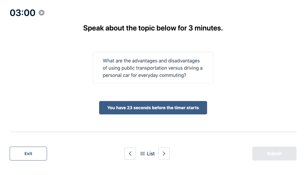 Prueba del Duolingo English Test "Muestra de conversación" Pregunta de práctica 32. El mensaje dice: hable sobre el tema siguiente durante 3 minutos.