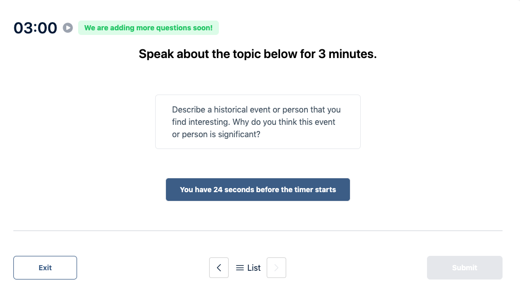 Prueba del Duolingo English Test "Muestra de conversación" Pregunta de práctica 34. El mensaje dice: hable sobre el tema siguiente durante 3 minutos. 