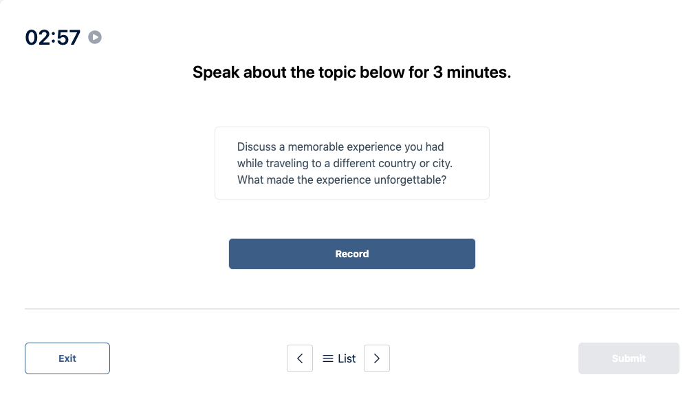 Prueba del Duolingo English Test "Muestra de conversación" Pregunta de práctica 35.  El mensaje dice: hable sobre el tema siguiente durante 3 minutos.