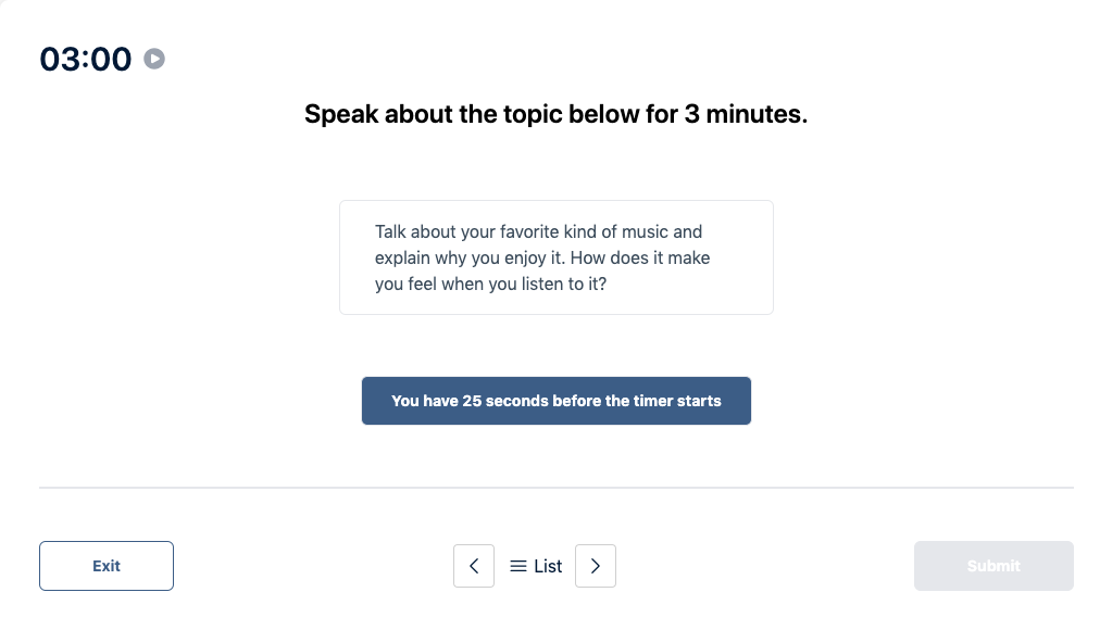 Prueba del Duolingo English Test "Muestra de conversación" Pregunta de práctica 36. El mensaje dice: hable sobre el tema siguiente durante 3 minutos.