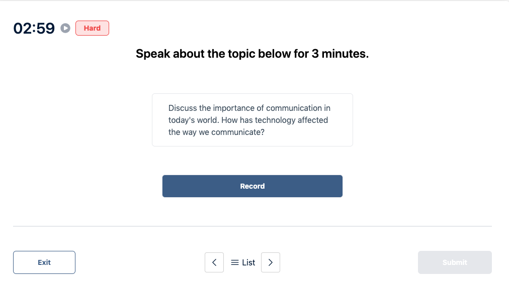 Prueba del Duolingo English Test "Muestra de conversación" Pregunta de práctica 40. El mensaje dice: hable sobre el tema siguiente durante 3 minutos.