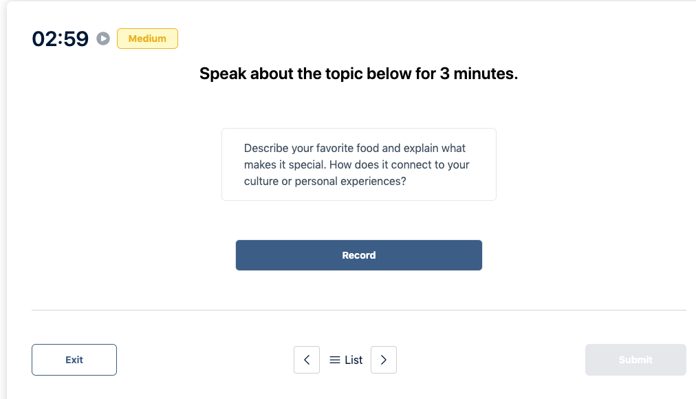 Prueba del Duolingo English Test "Muestra de conversación" Pregunta de práctica 41. El mensaje dice: hable sobre el tema siguiente durante 3 minutos.