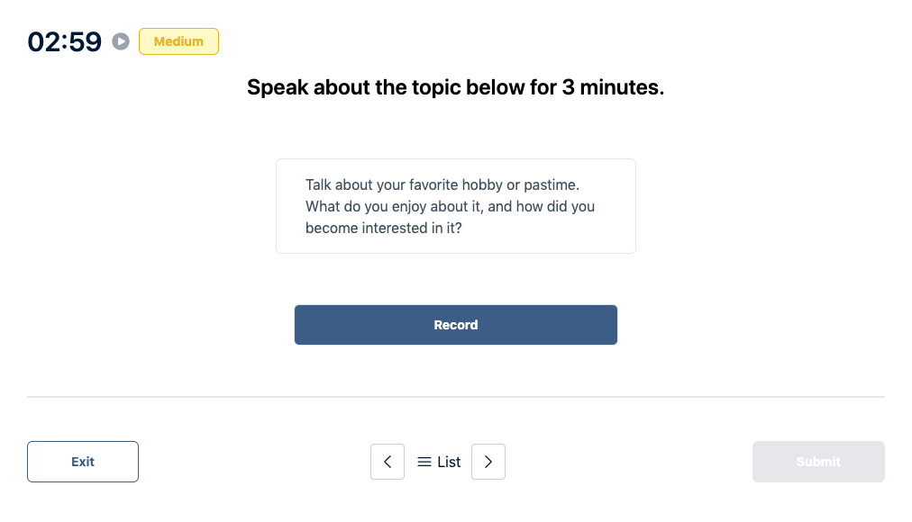 Prueba del Duolingo English Test "Muestra de conversación" Pregunta de práctica 42. El mensaje dice: hable sobre el tema siguiente durante 3 minutos.