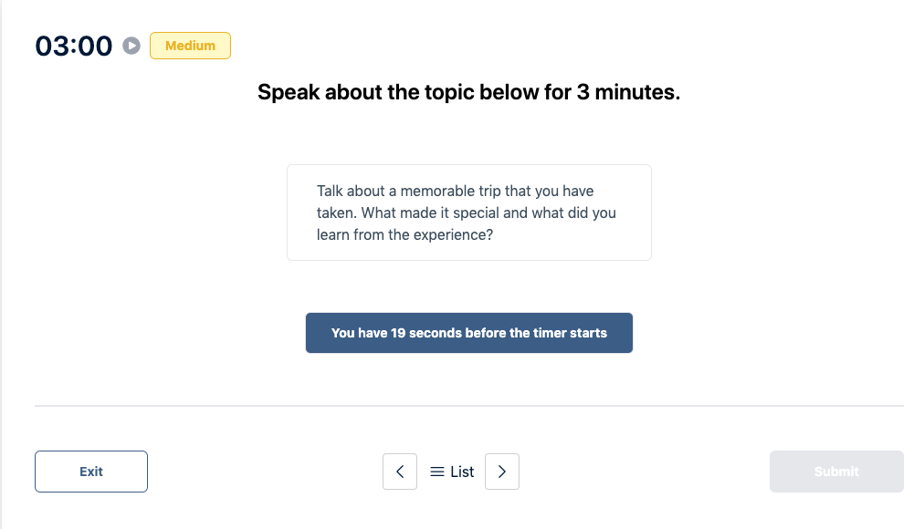 Prueba del Duolingo English Test "Muestra de conversación" Pregunta de práctica 43. El mensaje dice: hable sobre el tema siguiente durante 3 minutos.