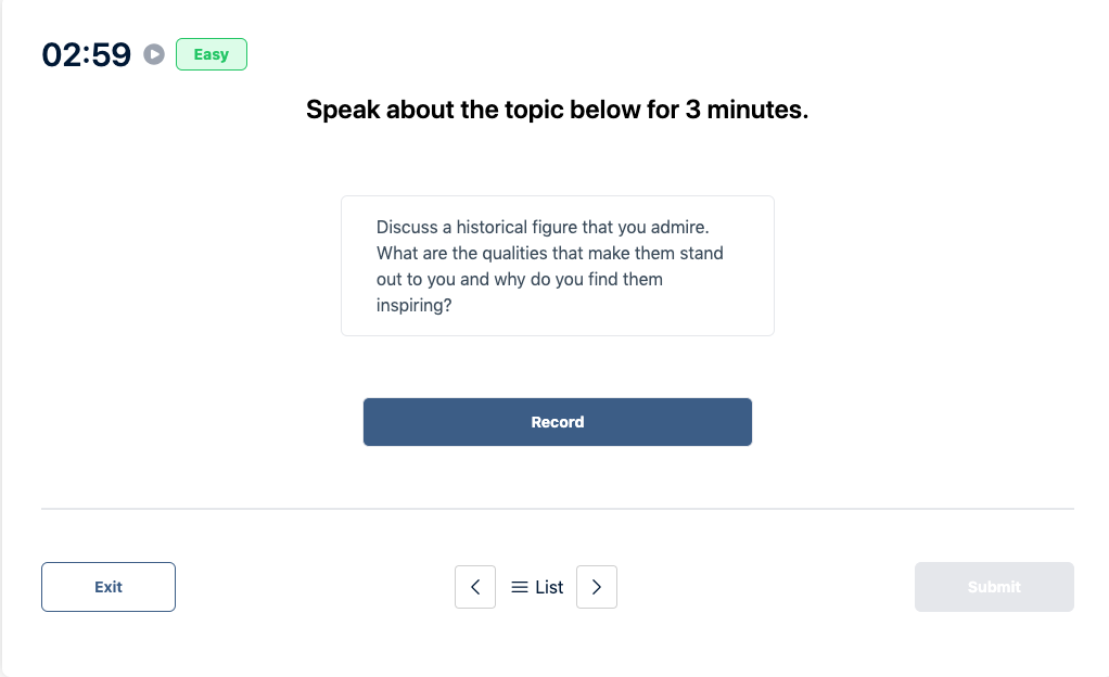 Prueba del Duolingo English Test "Muestra de conversación" Pregunta de práctica 44. El mensaje dice: hable sobre el tema siguiente durante 3 minutos.