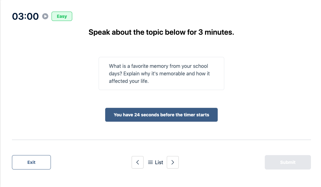 Prueba del Duolingo English Test "Muestra de conversación" Pregunta de práctica 48. El mensaje dice: hable sobre el tema siguiente durante 3 minutos.