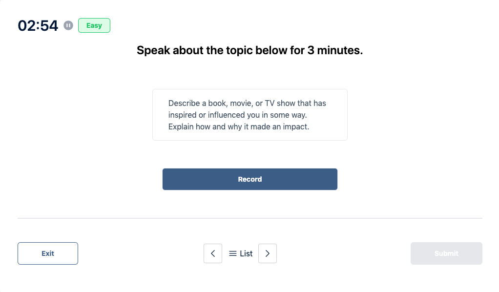 Prueba del Duolingo English Test "Muestra de conversación" Pregunta de práctica 49. El mensaje dice: hable sobre el tema siguiente durante 3 minutos.