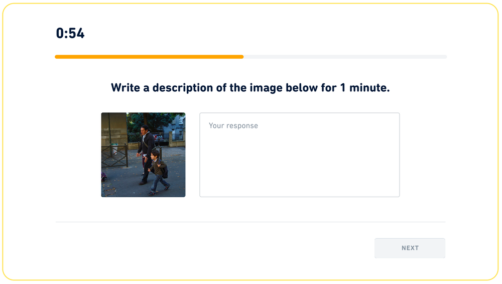 Tipo de pregunta "Escribe sobre la foto" en el Duolingo English Test. El mensaje dice que escriba una descripción de la imagen a continuación durante 1 minuto.