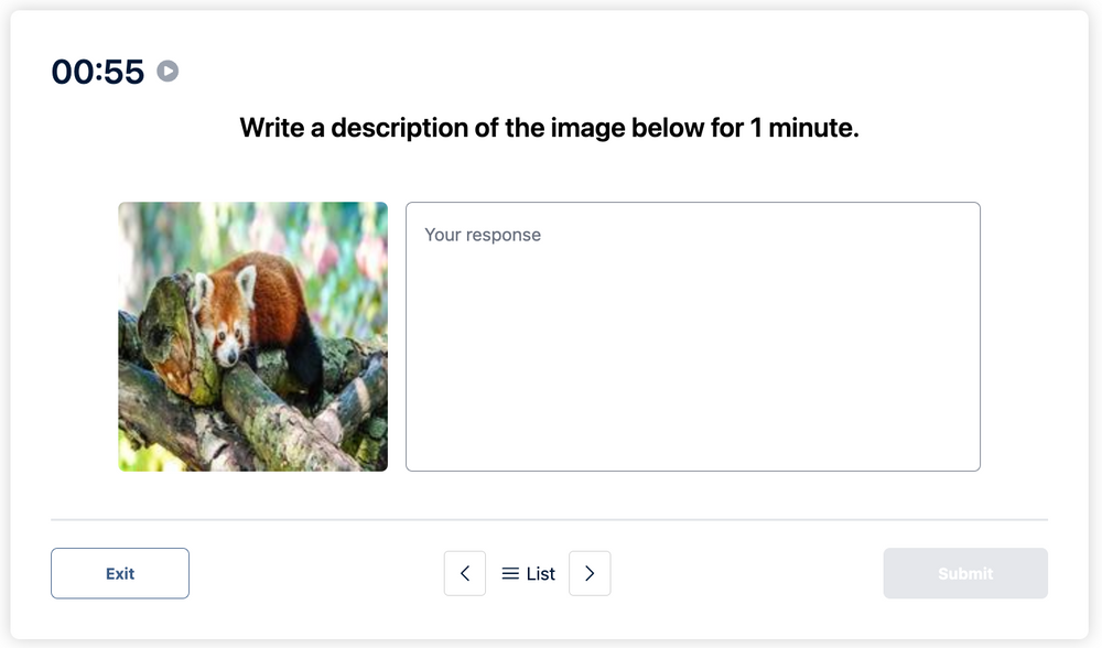 El mensaje dice que escriba una descripción de la imagen a continuación durante 1 minuto en en el Duolingo English Test. Se muestra un panda rojo en una rama