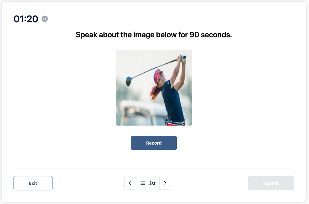  El mensaje dice que hable sobre la imagen a continuación durante 90 segundos en el Duolingo English Test. Se muestra a una mujer jugando al golf