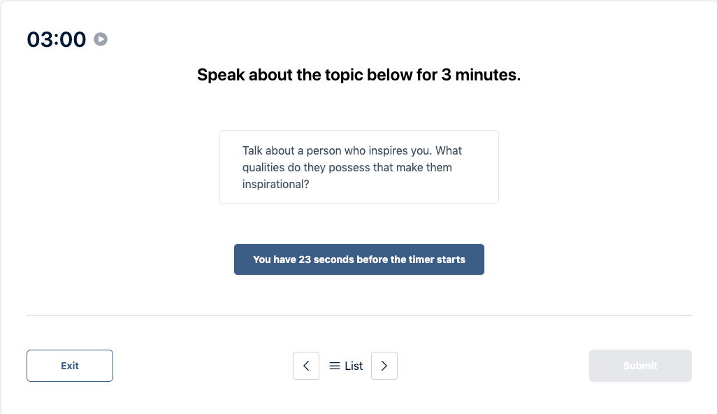 Prueba del Duolingo English Test "Muestra de conversación" Pregunta de práctica 3. El mensaje dice Hable sobre el tema siguiente durante 3 minutos.